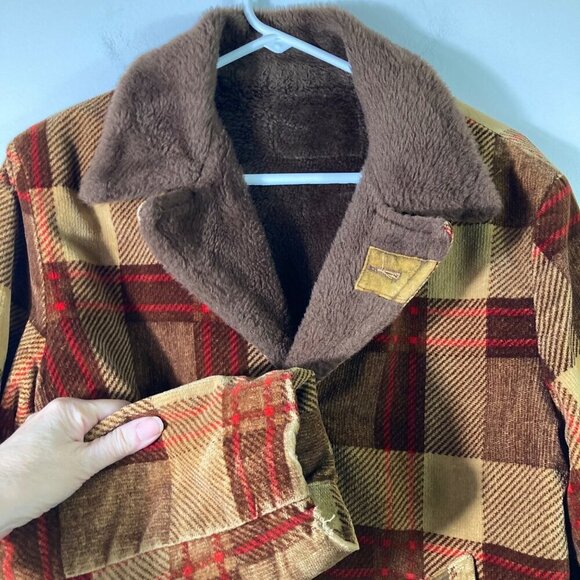 Mens Vintage 70s Plaid Corduroy Faux‎ Fur Jacket Thrashed Brown Red M Flaw - Picture 4 of 12
